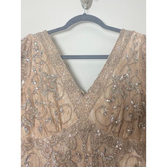 PISARRO NIGHTS DRESS 2 TAN BEIGE GOWN MOB FALL EVENING LONG FORMAL SEQUIN BEADED - Picture 9 of 16